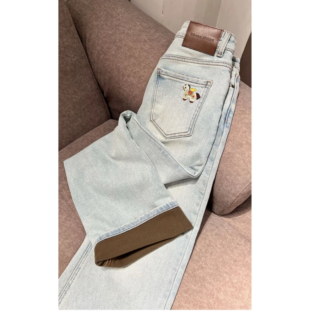 《秀秀定制》2026年百搭显瘦设计感小众直筒加绒长款牛仔裤36781