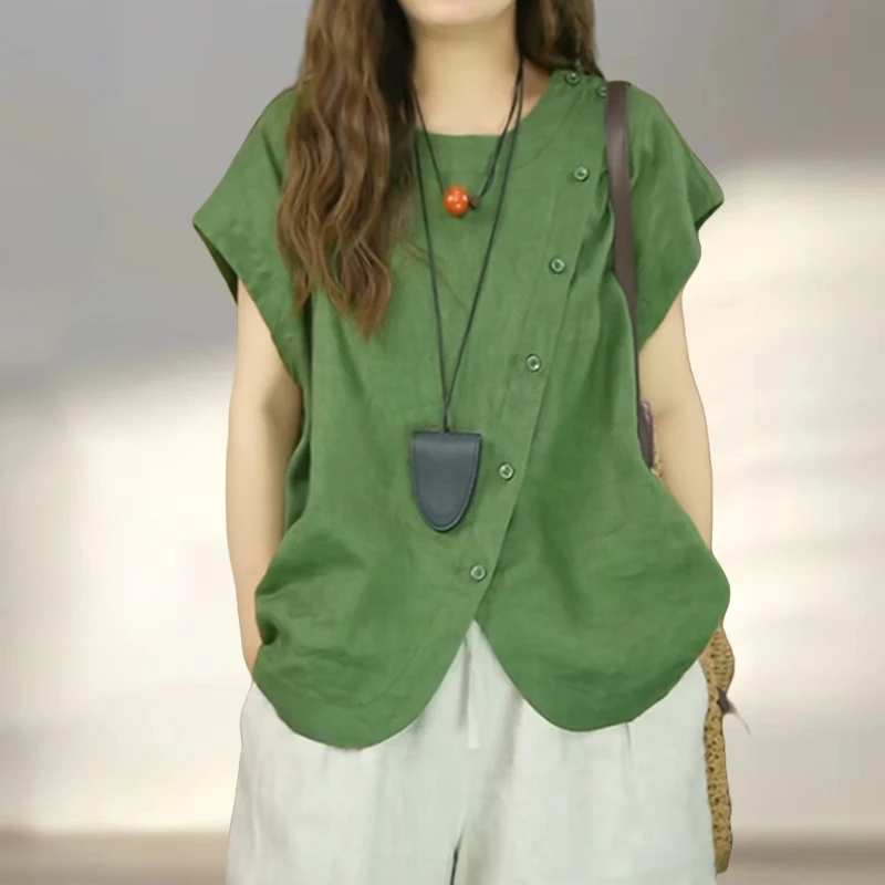 法式时髦不对称单排扣衬衫女夏季新款轻薄斜襟圆领飞飞袖上衣2598