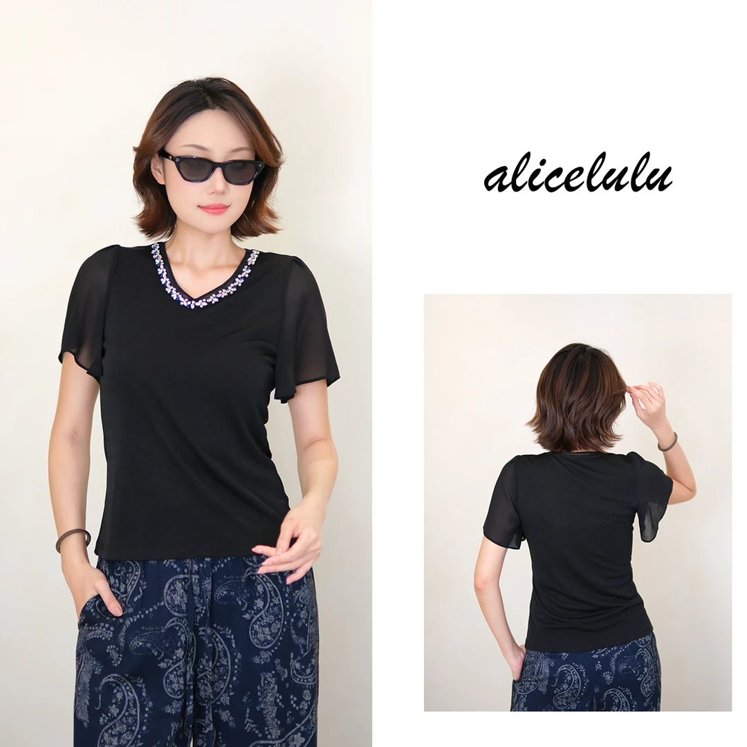 [alicelulu]法式重工镶钻时尚气质V领黑色衬衫S2143606W