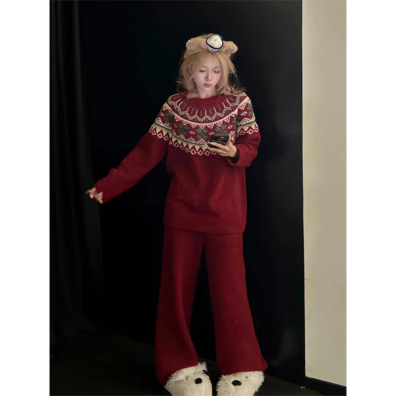 复古民族风半边绒睡衣女秋冬季新款时尚针织套装保暖家居服可外穿