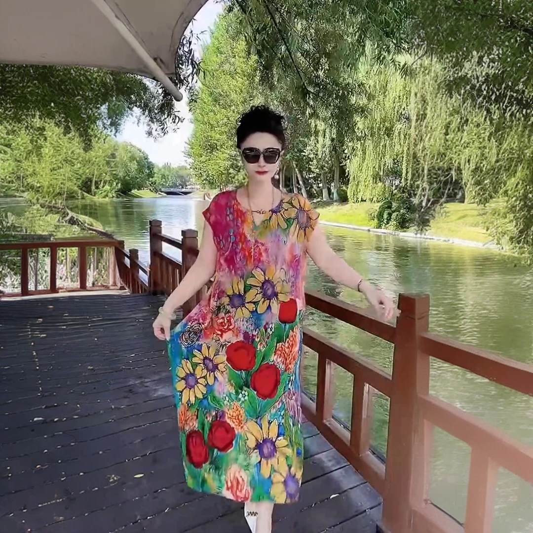 625夏季新款时尚双绉连衣裙气质大码印花高端妈妈减龄长裙