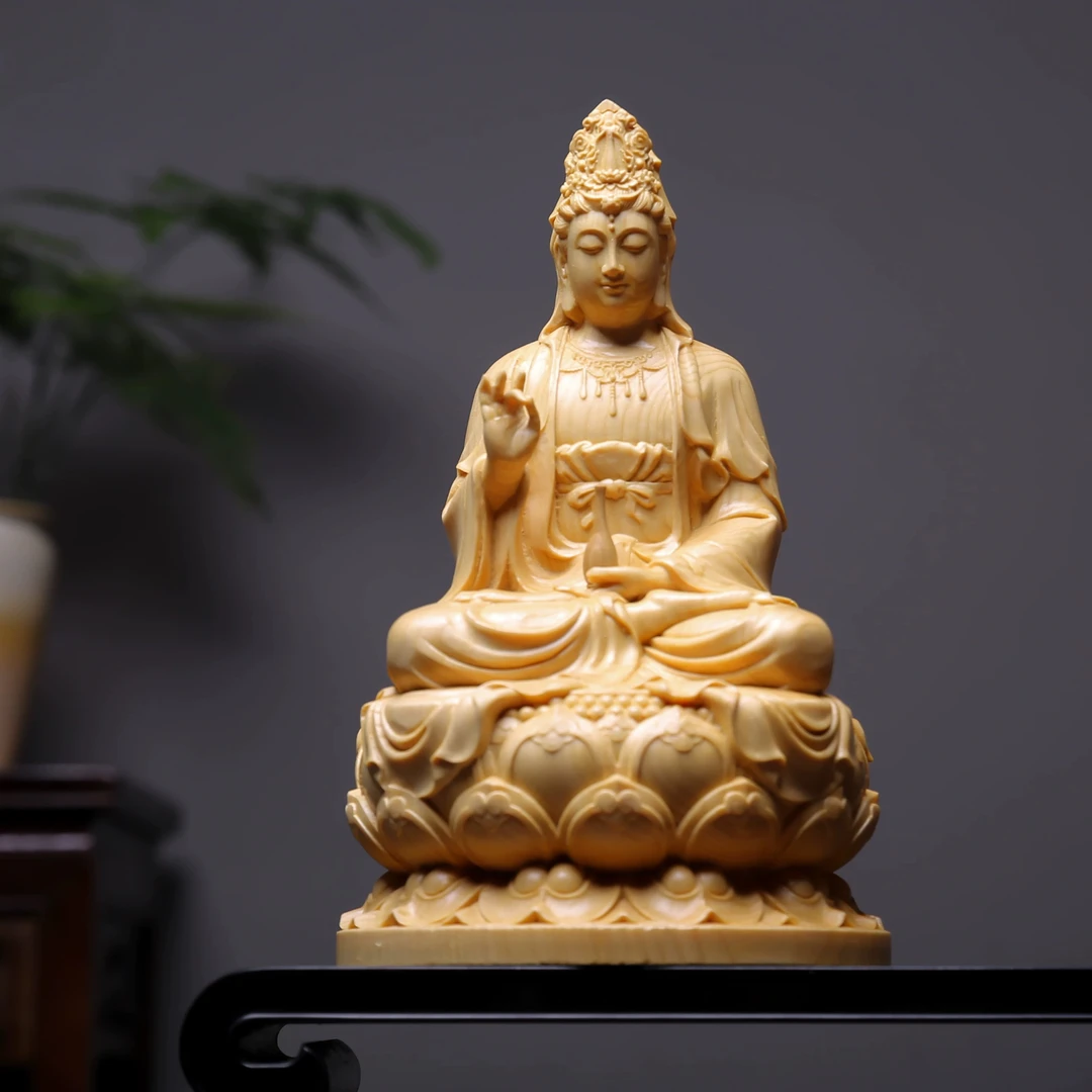 桧木雕刻坐莲花净瓶观音菩萨佛龛家用寺庙供奉佛像摆件家居装饰品