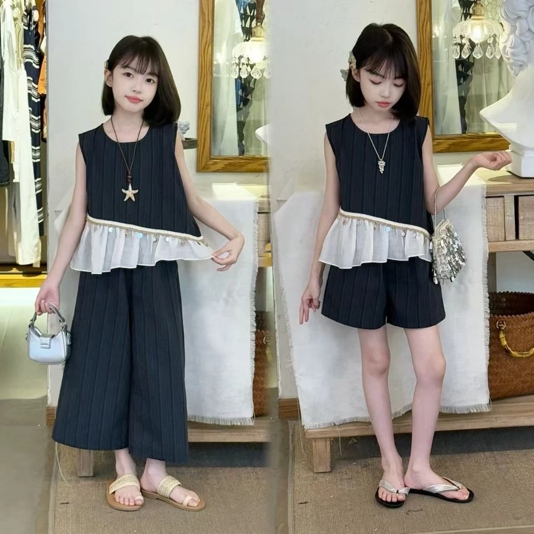 夏季新款2025女童波西米亚假两件镂空领口手工钉珠上衣短裤套装