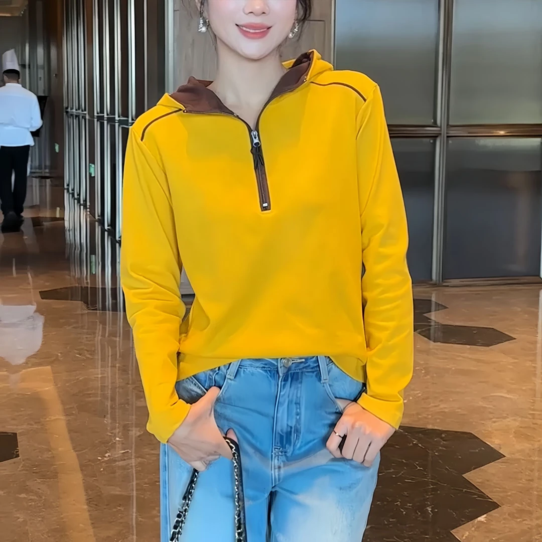 半拉链显瘦上衣2025秋冬德绒连帽时髦长袖撞色小众设计感打底衫女