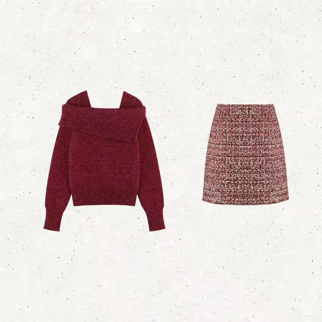 设计感氛围感假两件一字肩针织毛衣女2025冬季撞色半身短裙两件套