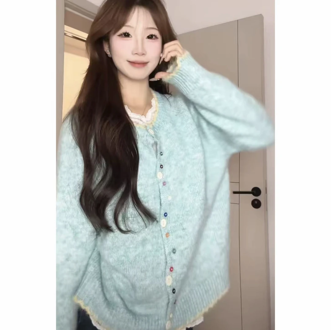 韩版彩扣撞色软糯百搭针织开衫秋冬季新款宽松圆领毛衣2527