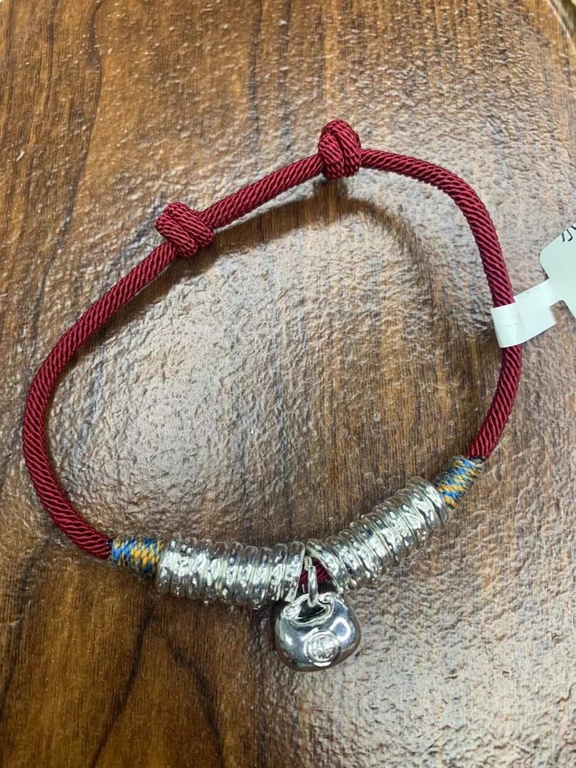 045 红绳盘缠小福袋手链带钢印无礼盒银色手环