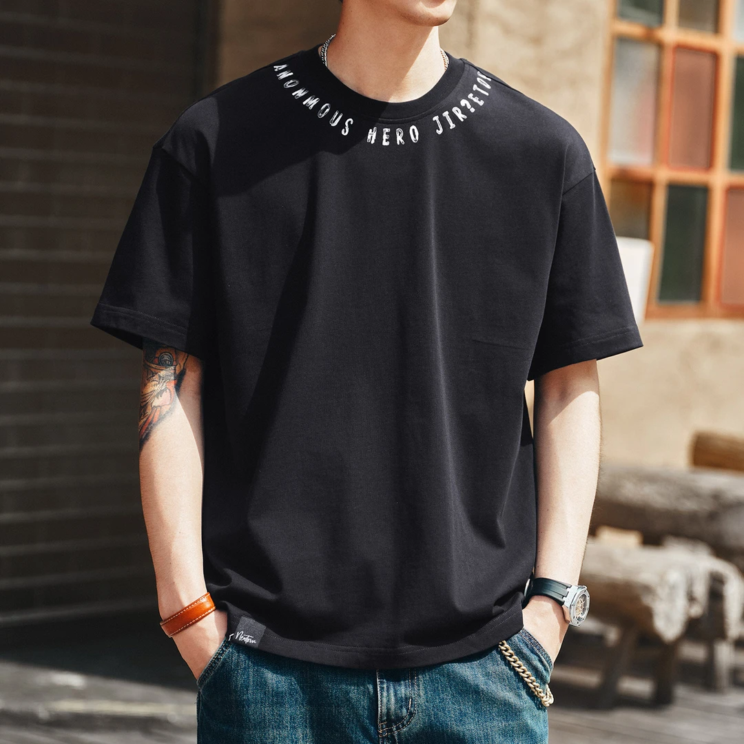 格蓝鹿美式复古国潮领口印花短袖T恤男夏季薄款宽松休闲纯棉体恤