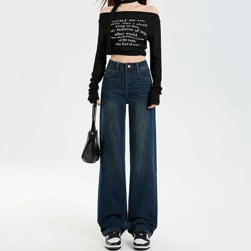 拉夏贝尔高腰弹力直筒牛仔裤早秋新款小个子女装显瘦窄版阔腿裤子