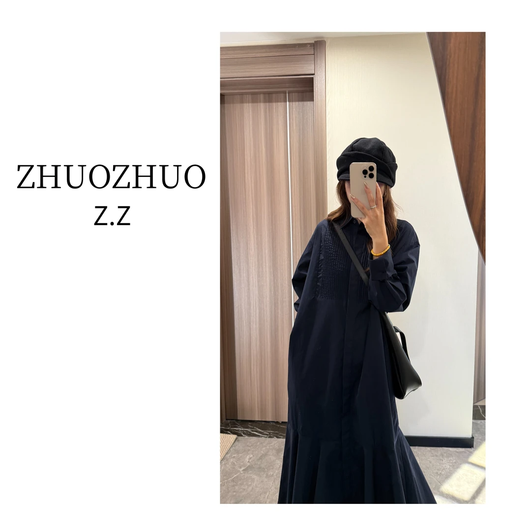 【ZHUOZHUO专属】“琴皱漫漪”法式风琴褶设计衬衣款鱼尾摆长袖连衣裙