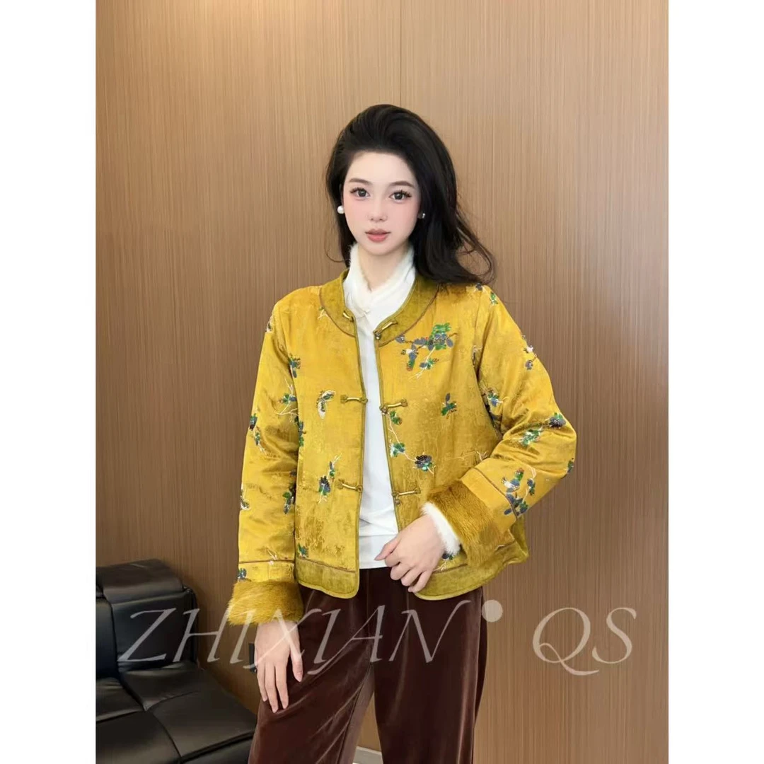 【智贤轻奢】金枝玉叶-2025年秋冬新款新中式钉珠拼接水貂毛棉服