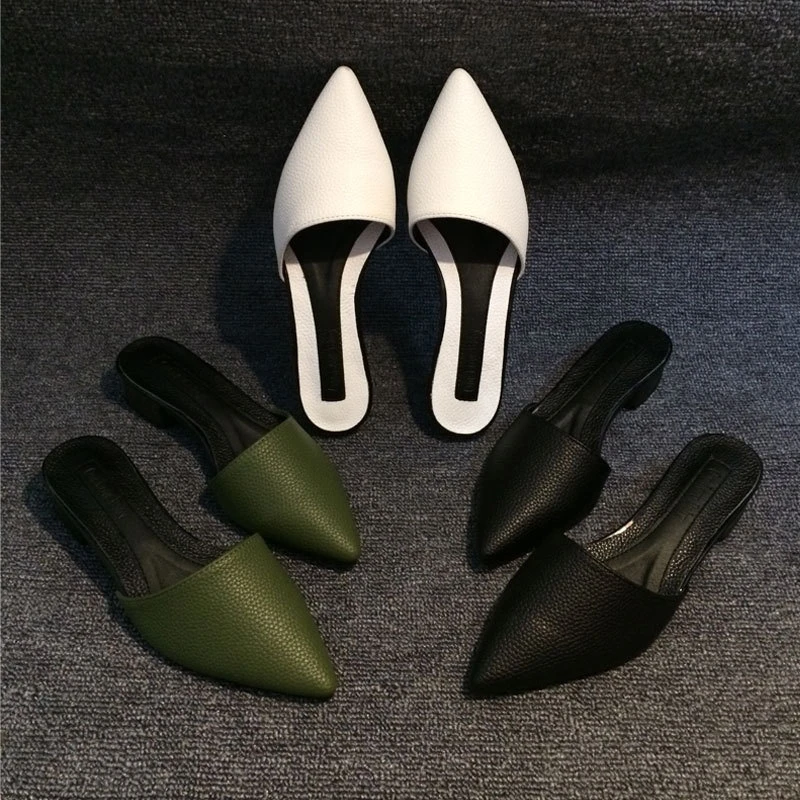 2025年新款真皮尖头包头粗跟鞋夏季外穿半拖鞋休闲平底凉拖鞋舒适