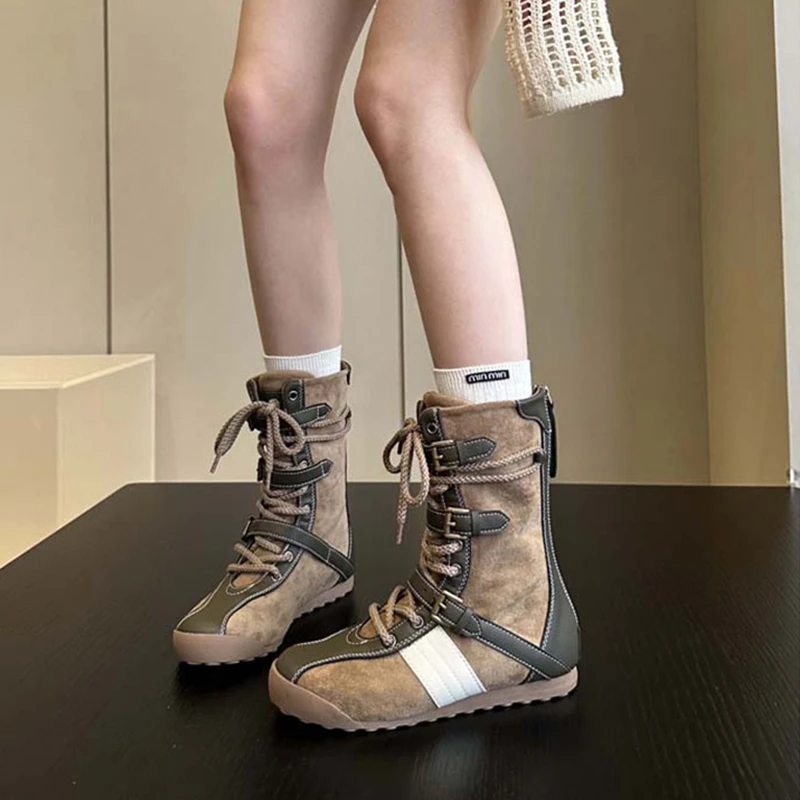 超流行的新款~欧美风小众复古中筒拳击靴短靴女马丁靴高帮赛车鞋