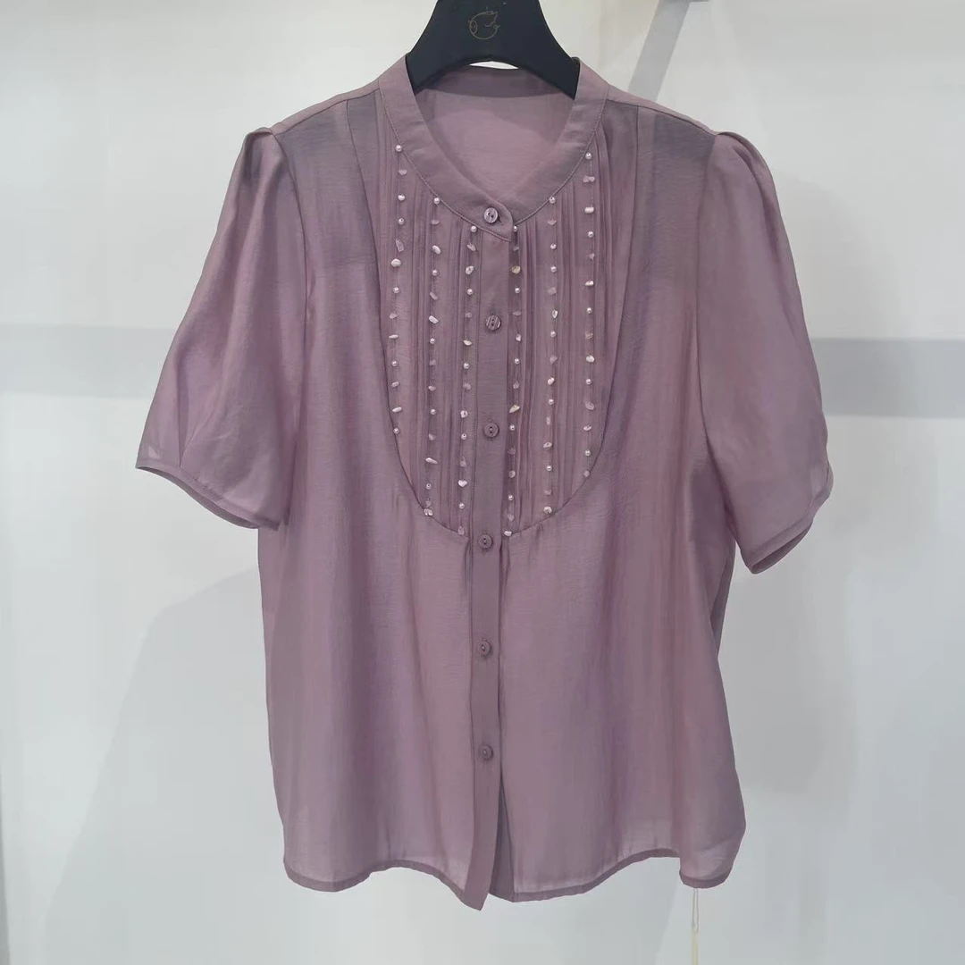 2025新款百搭通勤见详情短袖碎花常规潮流紫色夏季衬衫上衣女0248