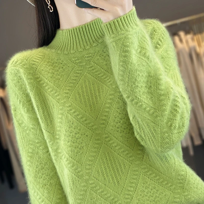 鄂尔多斯市纯100羊毛衫女春秋薄款镂空外穿宽松毛衣半高领羊毛衫