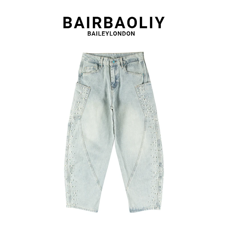 BAIRBAOLIY轻奢重工珍珠弯刀裤2025春季新款高街潮流休闲牛仔长裤