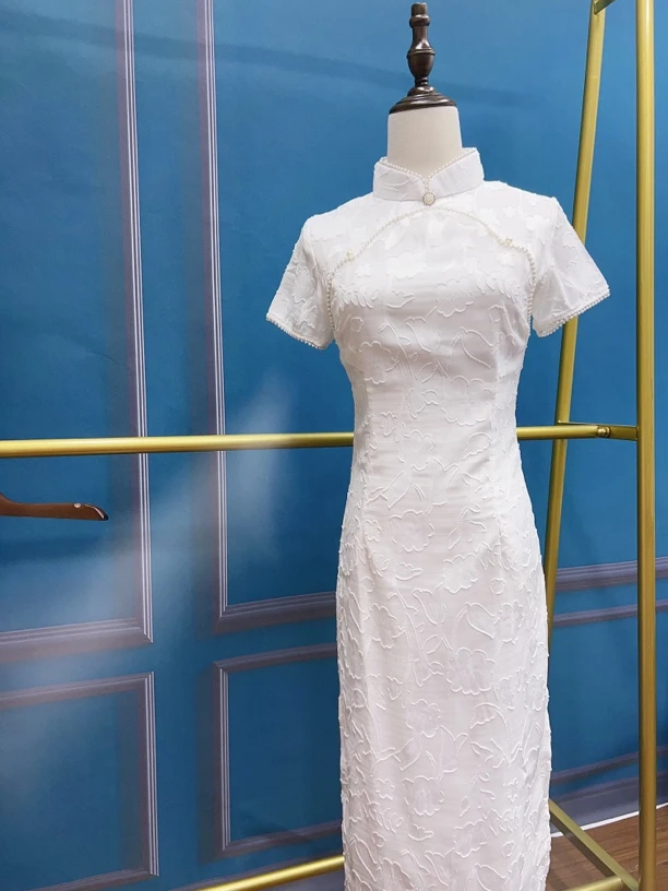 V-2398 纯白的茉莉 雪 纺剪花 夏款年轻款改良旗袍115cm长款