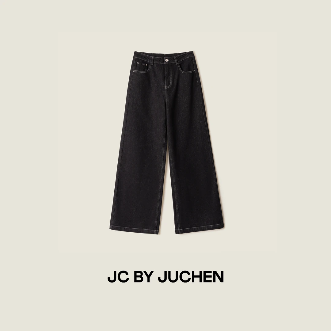 黑棉花系列明线丹宁重工洗水加绒直筒阔腿显瘦牛仔裤 FW205010-44