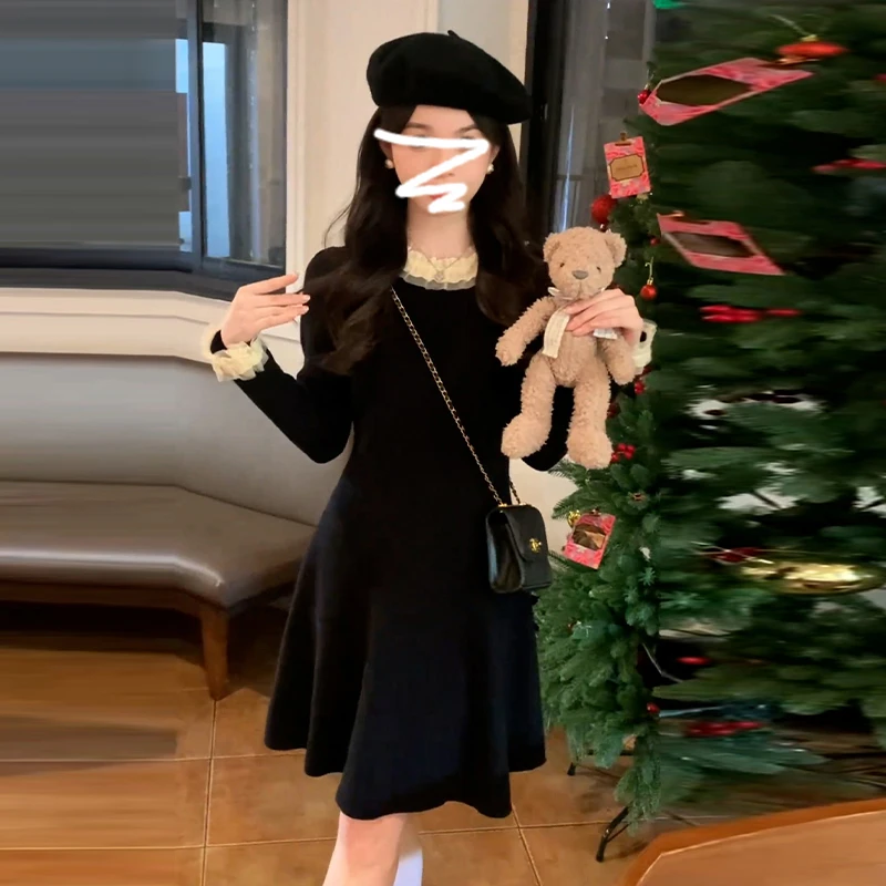 法式蕾丝边黑色连衣裙子女小个子香风高级感配大衣收腰短裙