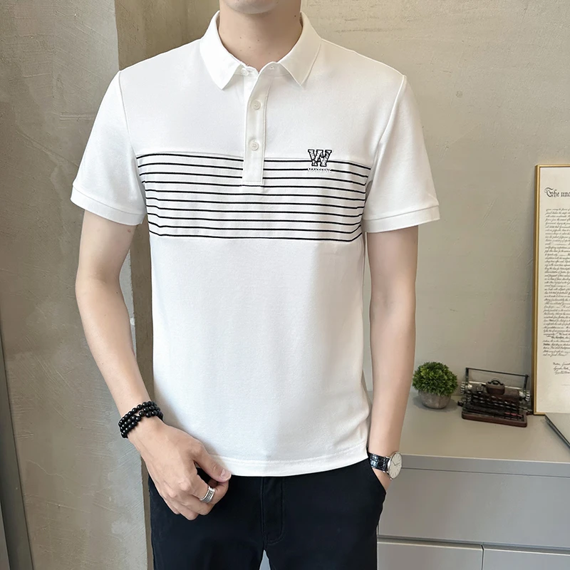 夏季男士短袖条纹polo衫百搭修身拼接翻领短袖t恤薄款半袖