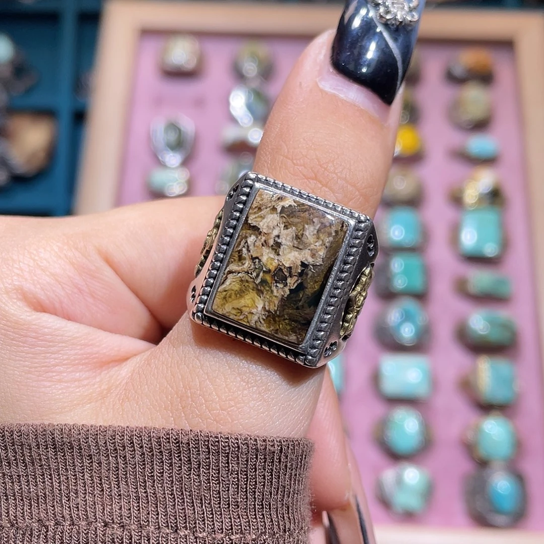 琥珀银S925镶嵌戒指