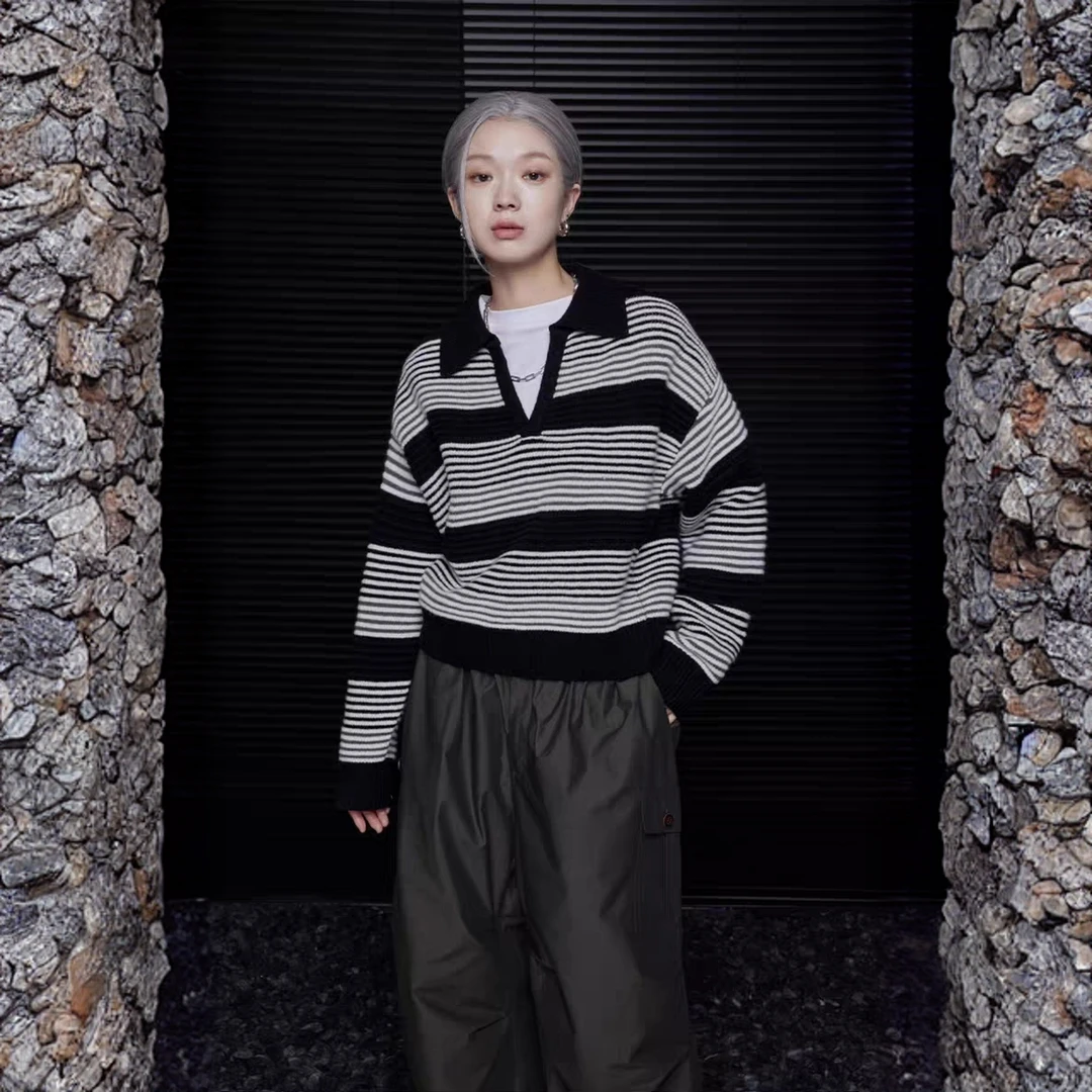 翻领条纹毛衣女秋冬新款小众别致宽松针织衫百搭宽松洋气上衣女