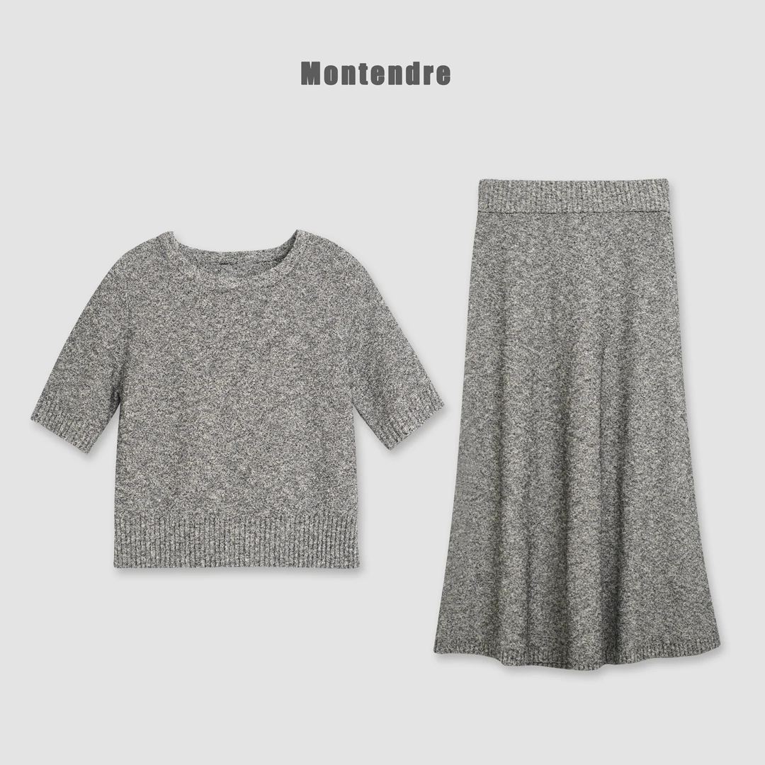 【六哥家】春季新款 J 简约高级感圆领百搭上衣显瘦高腰半裙套装