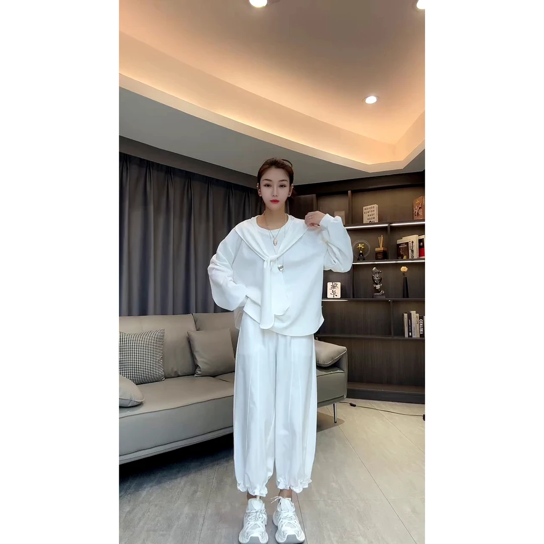 早秋时尚休闲宽松净版百搭披肩长袖T恤