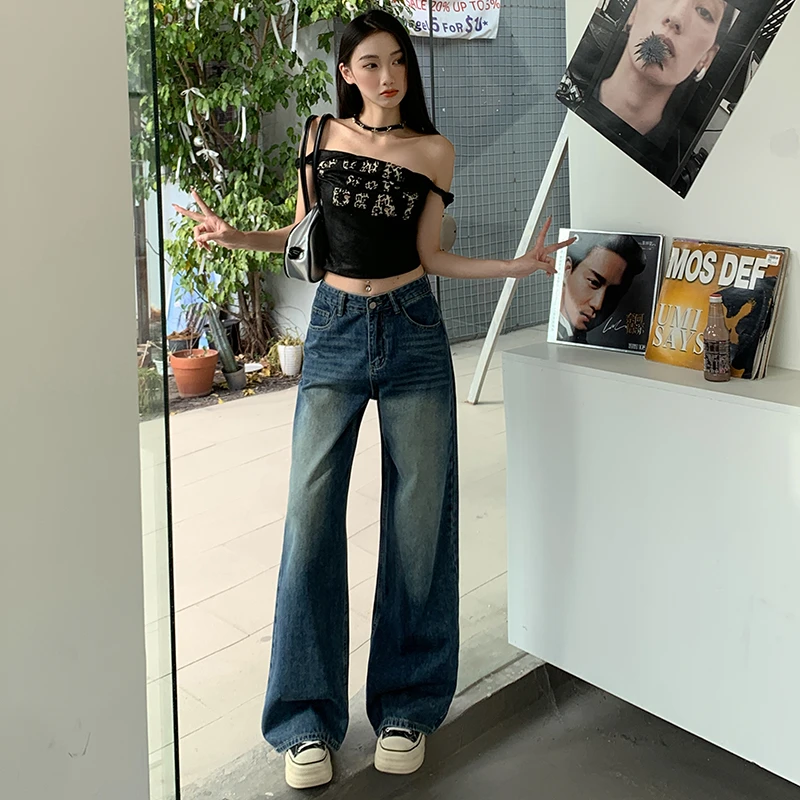 早秋新款#复古蓝慵懒松弛感牛仔阔腿裤女宽松复古拖地长裤