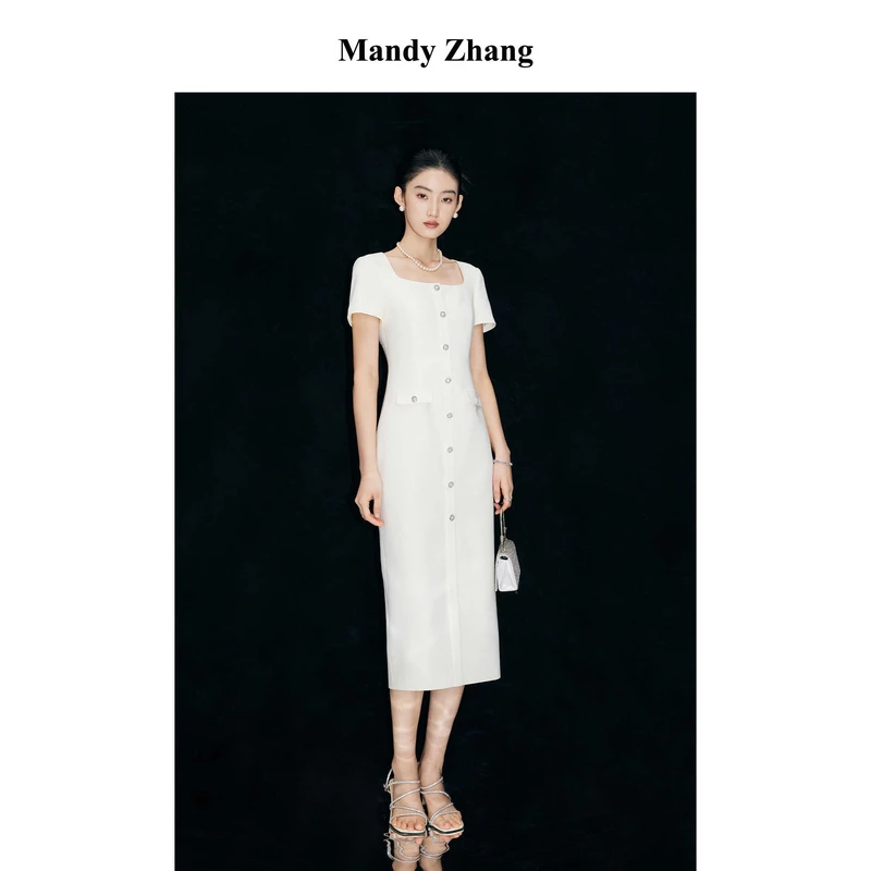 MandyZhang小香风气质白色连衣裙女夏季设计感方领轻礼服QZ5978
