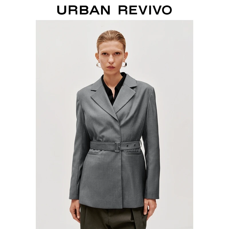 UR2025秋季新款女装简约格雷系气质腰带西装外套UWG150132+