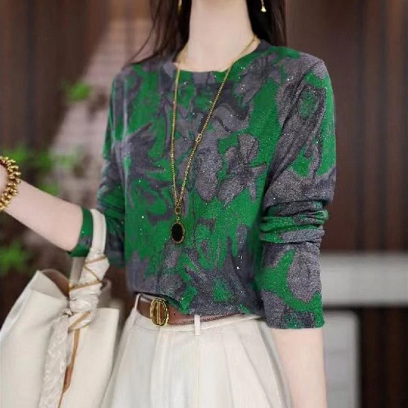 圆领打底衫女早秋新款C气质宽松显瘦女装上衣覆古花色妈妈装女T恤