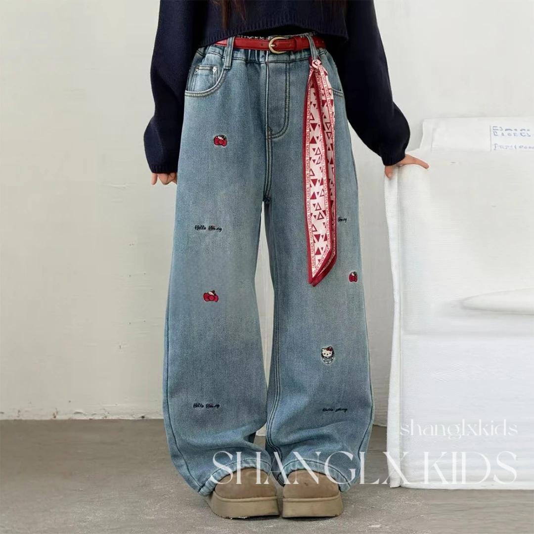 女童超好看加绒裤子helloKitty猫牛仔裤儿童2025新款洋气冬季冬装