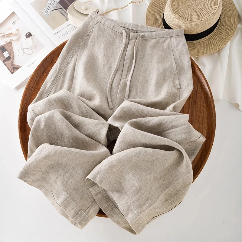 天丝抗皱亚麻阔腿裤女2025夏季新款高档麻本色薄款棉麻休闲长裤子