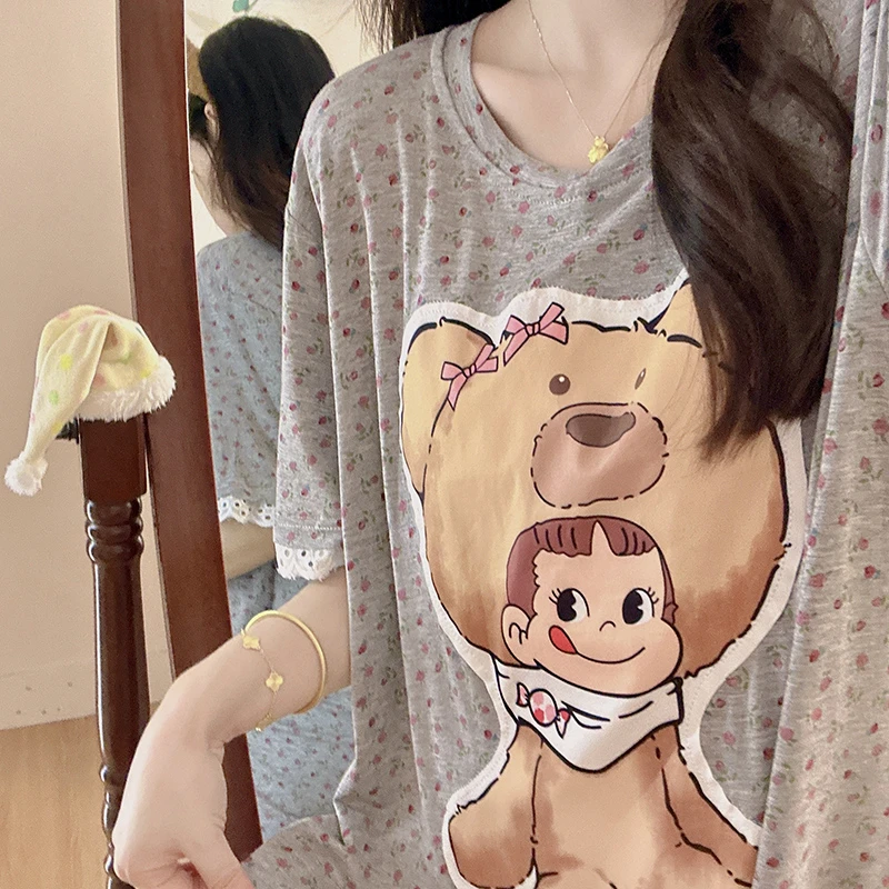 少女感ins头套灰色不二家带胸垫睡裙女夏季短袖可爱睡衣长款夏天