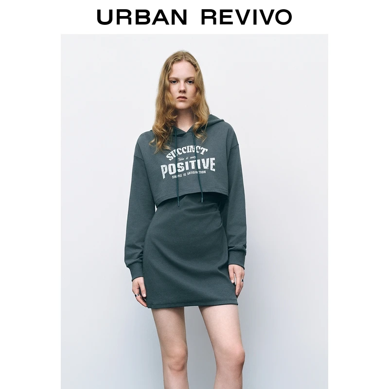 UR2025秋季新款女装休闲真两件字母连帽抽绳连衣裙UYL750081+