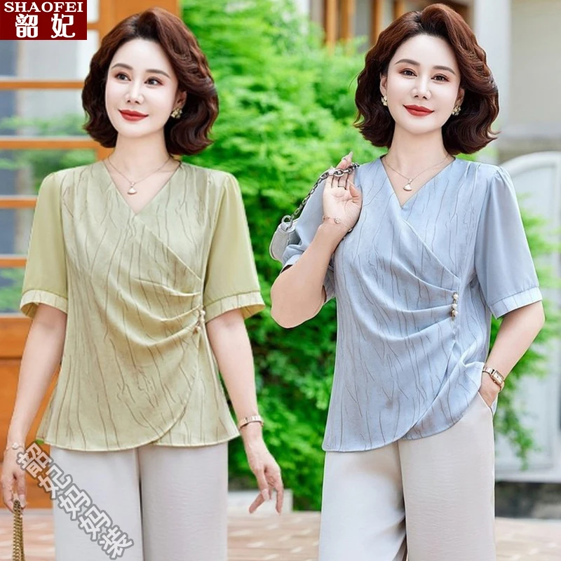 中老年女装夏装短袖T恤新款50岁妈妈款夏天衣服小衫洋气上衣高贵