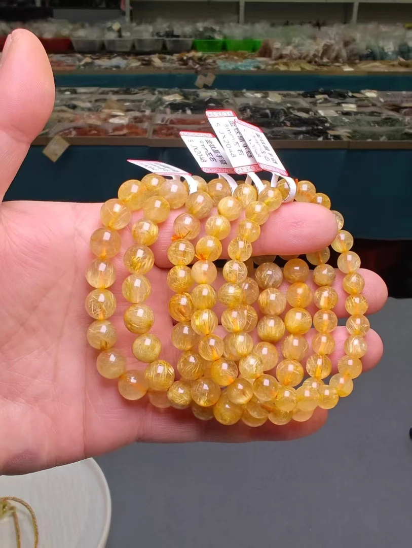 【JX-2048】高品天然金钛晶水晶手链男女款单圈手链多样性发一件