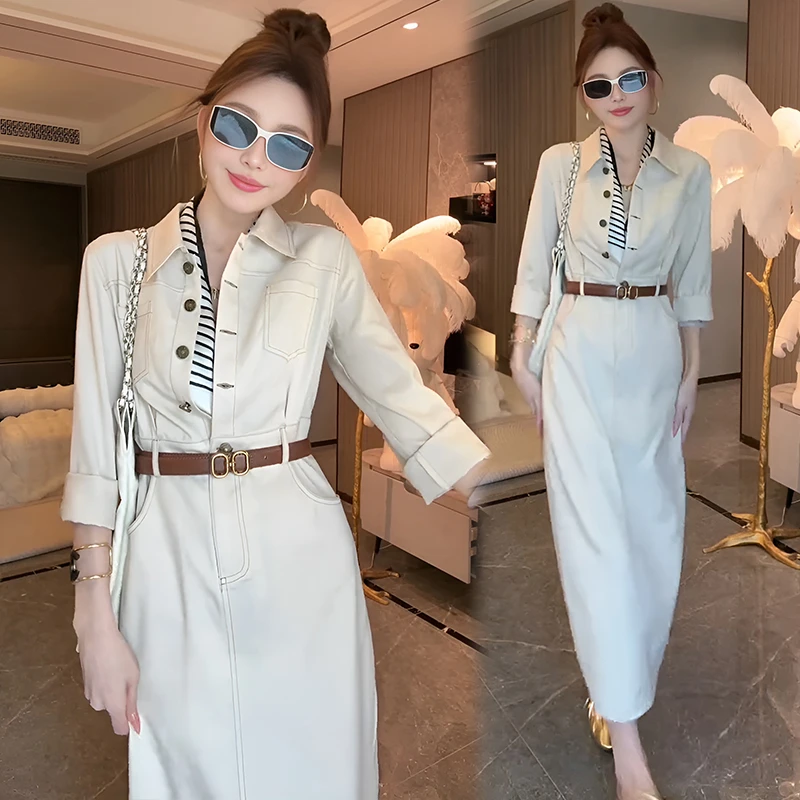 法式复古长袖衬衫连衣裙女春秋新款收腰显瘦慵懒风气质工装长裙子