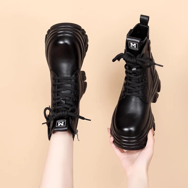 爆款软皮增高马丁靴女2024秋冬季新款加绒防滑短靴小个子厚底单靴