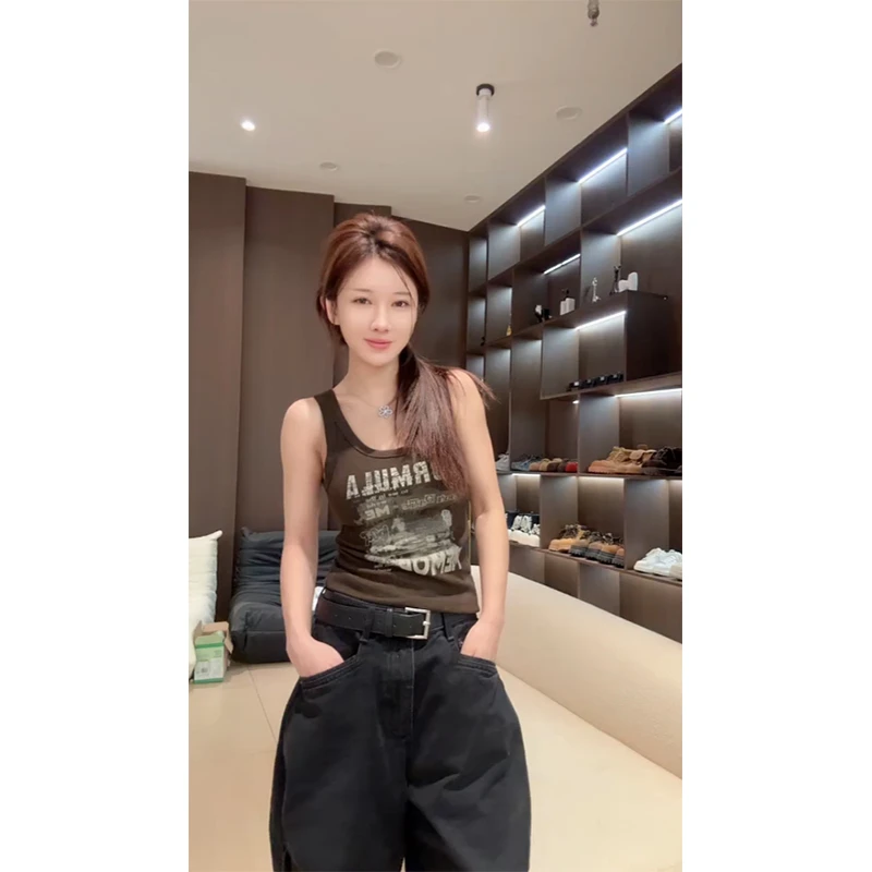 2025早秋新款潮流时尚印花U领背心内搭打底休闲休闲显瘦街头风