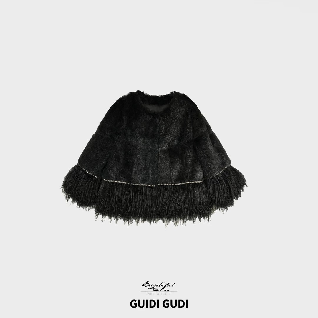 GUIDI GUDI【流心蛋糕】秋冬款温柔系流苏边皮草外套/黄加蓝