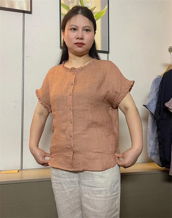 女士夏季中式文艺圆领百搭苎麻衬衫木耳花边小飞袖薄款慵懒风衬衣