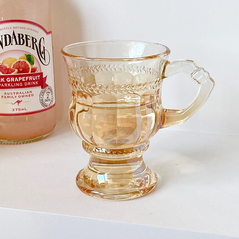 蓝创 ins复古欧式水杯茶杯家用奶茶杯琥珀色玻璃杯带把手酒杯咖啡
