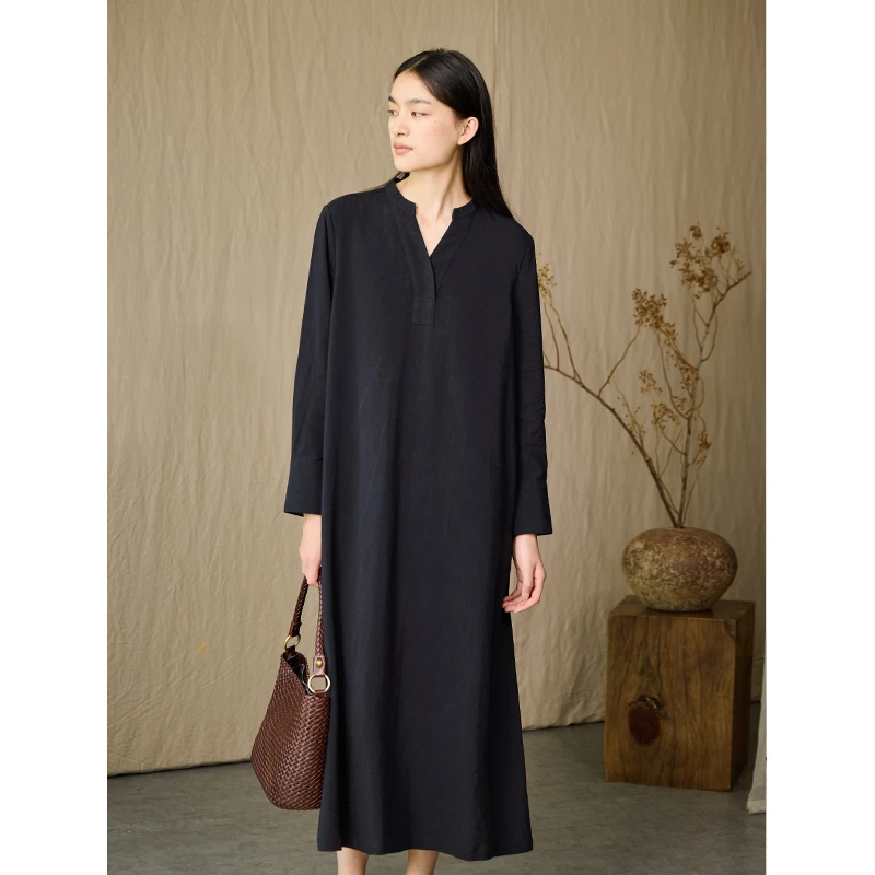 Q.TU黑色连衣裙亚麻莱赛尔绑带收腰4442立领长袖高级春秋新款长裙