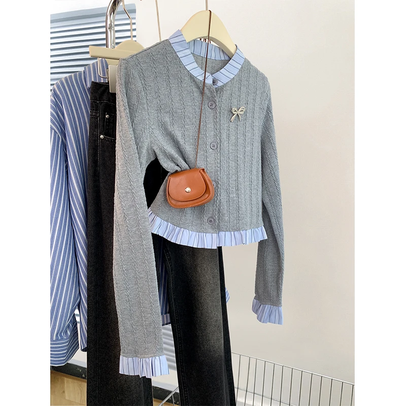 灰色荷叶边假两件正肩针织开衫秋季新款薄款设计感慵懒风外套上衣