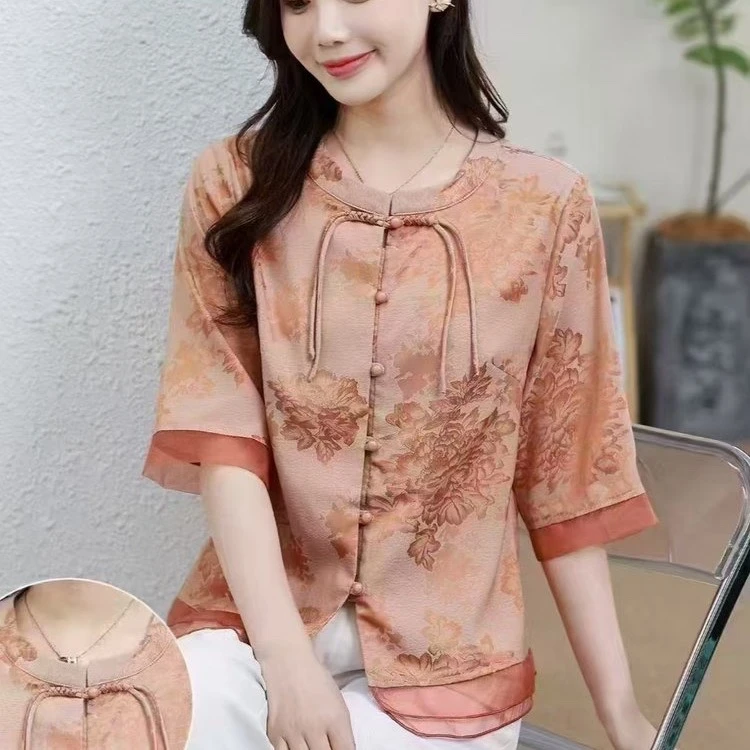 6041-母亲节妈妈装雪纺小衫洋气国风套装新款中老年女装短袖上衣