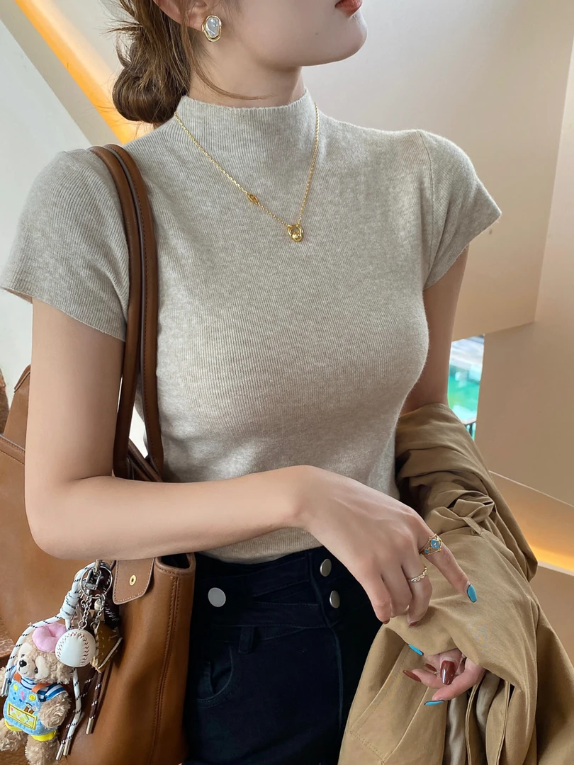 灰色半高领短袖T恤女装内搭2025早秋新款修身高级感针织打底上衣