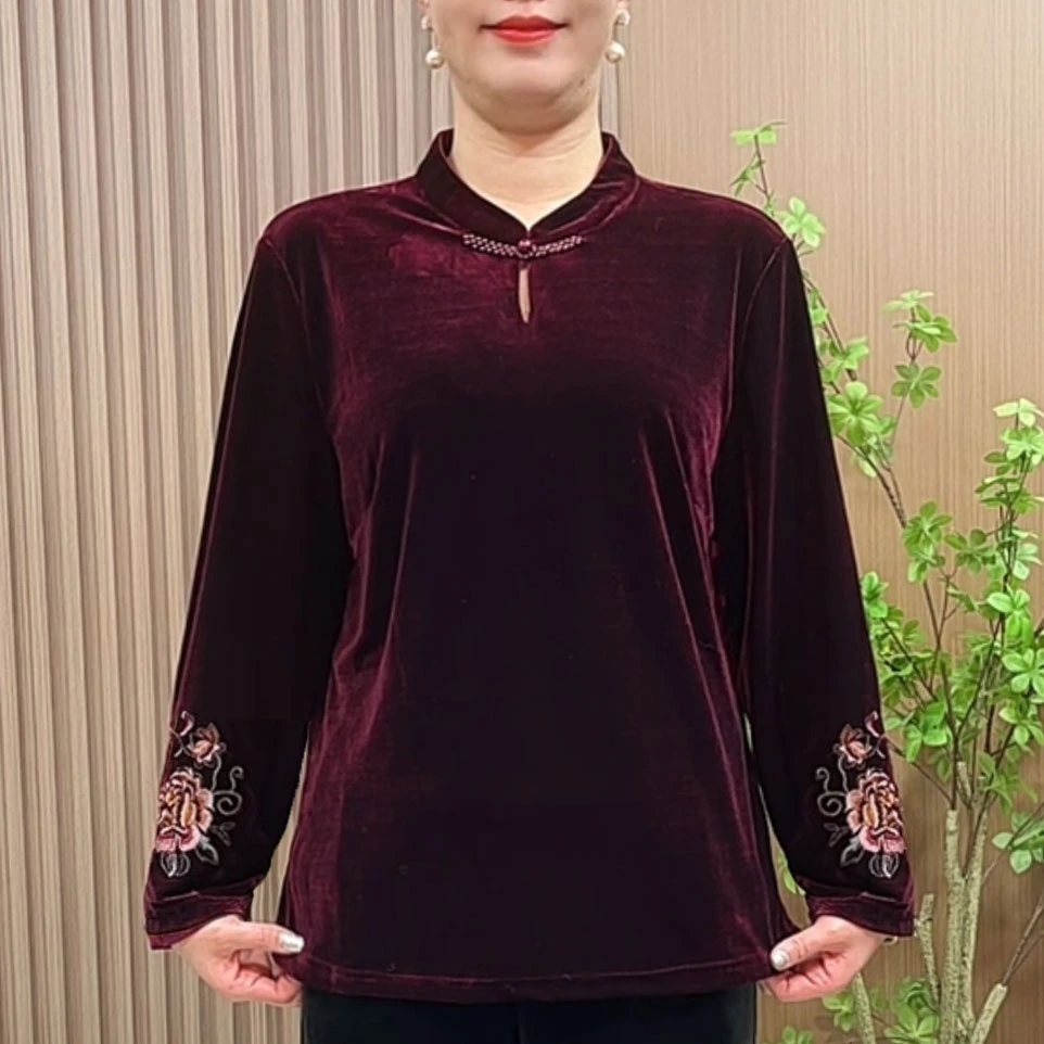 妈妈秋冬气质丝绒打底衫中老年女装春秋中国风民族风立领刺绣小衫
