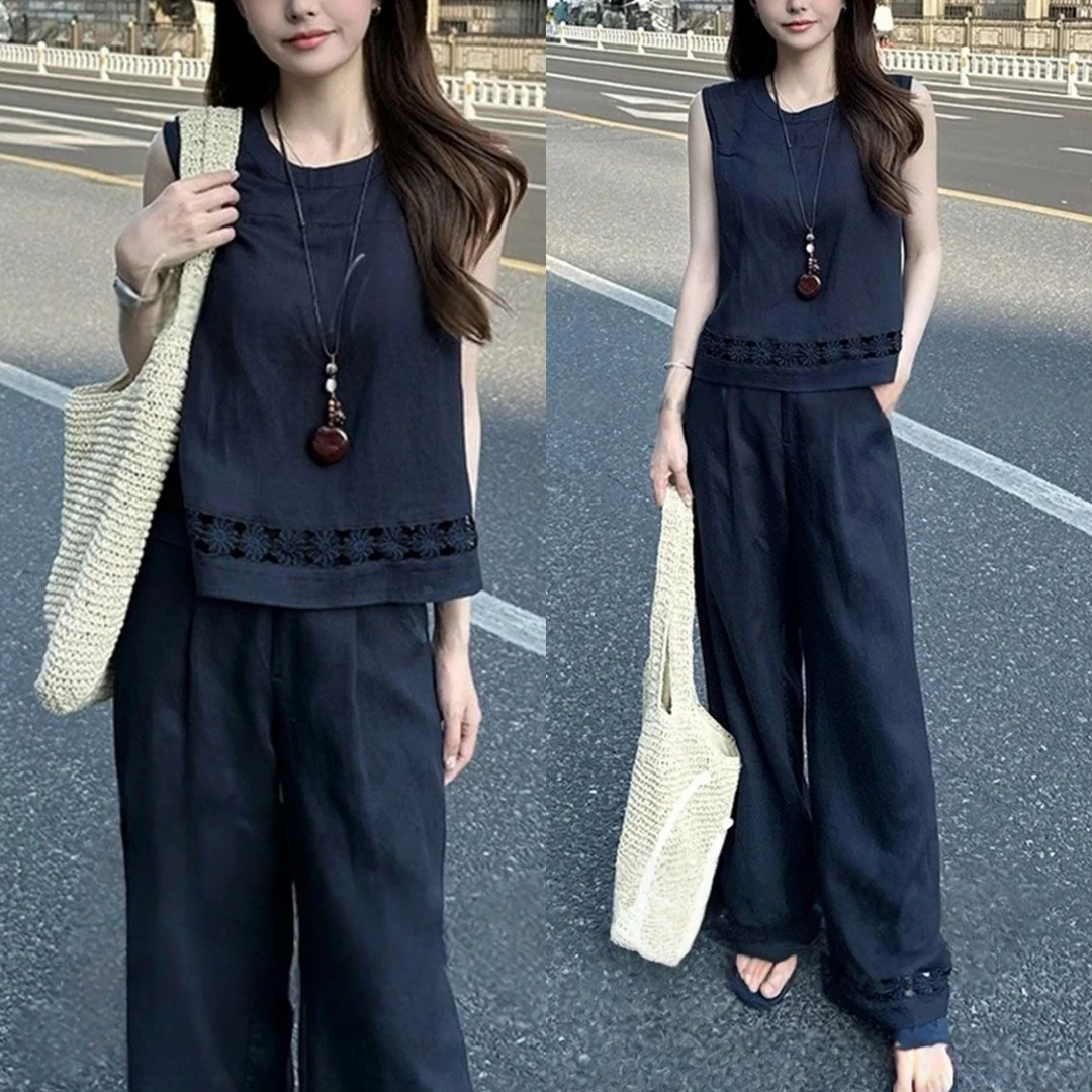 2025夏季新款时尚小个子设计感显瘦无袖上衣阔腿裤休闲两件套装女